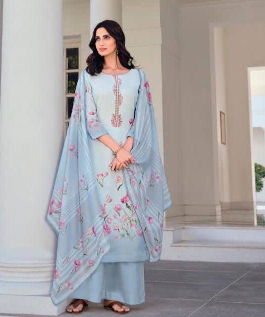 Unstitched Printed Embroidery Blue salwar suit Dress Material - Stilento