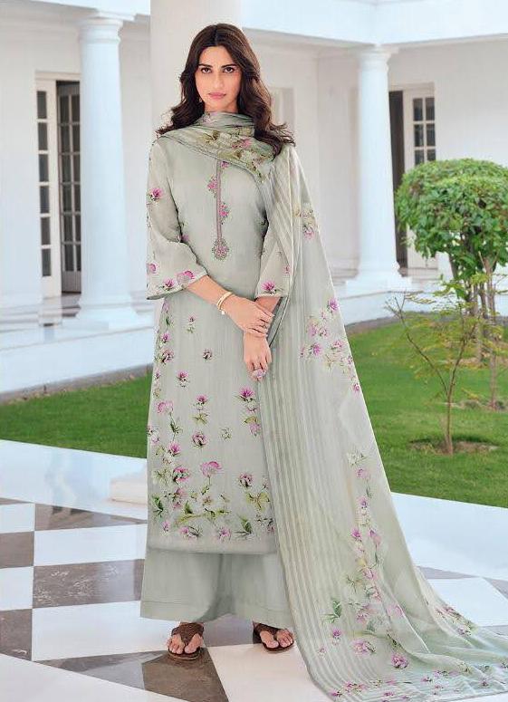 Unstitched Printed Embroidery Grey salwar suit Dress Material - Stilento