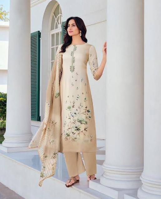 Unstitched Printed Embroidery Off-white salwar suit Dress Material - Stilento