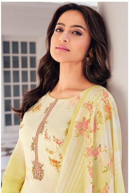Unstitched Printed Embroidery Yellow salwar suit Dress Material - Stilento