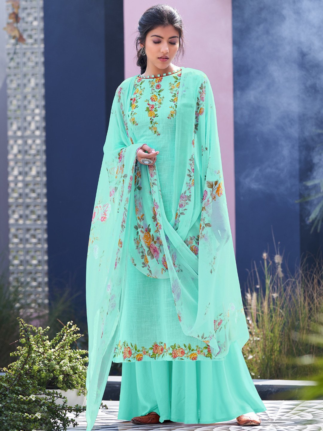 Unstitched Printed Green Cotton Salwar Kameez Material - Stilento