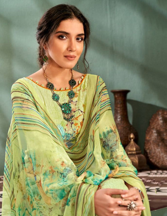 Unstitched Printed Green Ladies cotton Suits With Chiffon dupatta