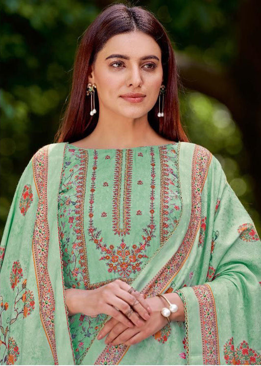 Unstitched Printed Ladies Green Cotton Suits With Self Embroidery