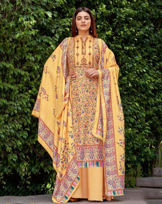 Unstitched Printed Women Yellow Cotton Suits With Self Embroidery