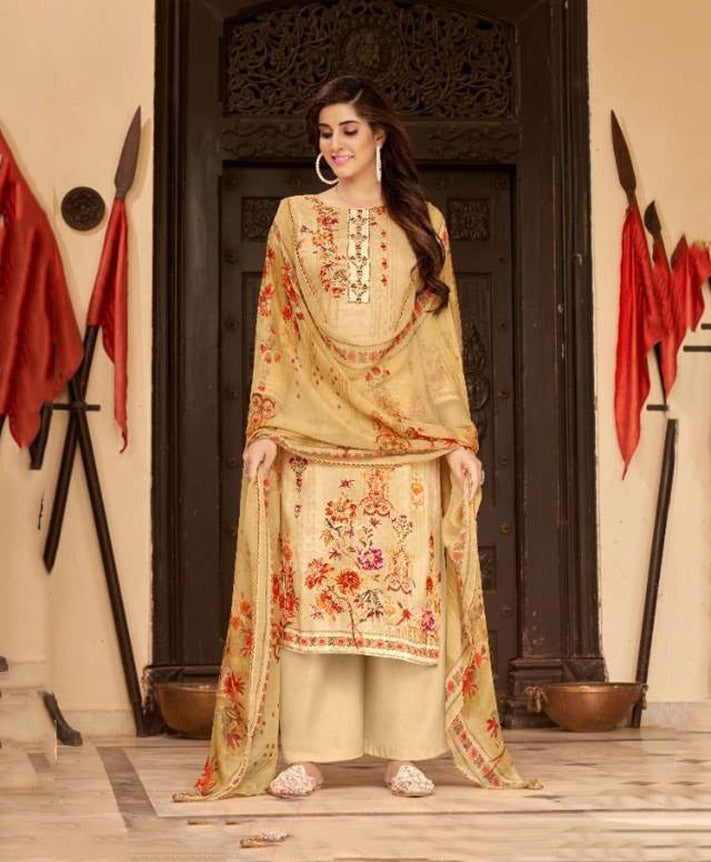 Unstitched Punjabi Ladies cotton Salwar Suit Fabric With Beige Dupatta - Stilento