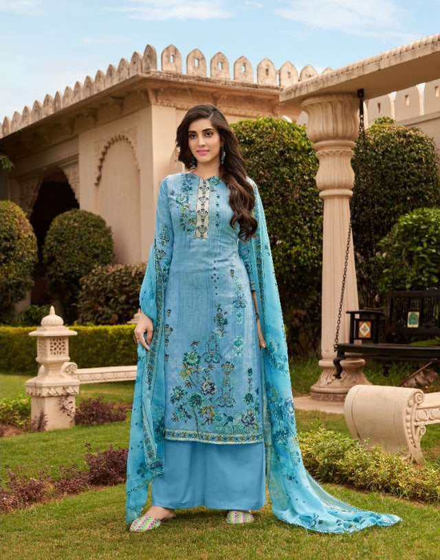 Unstitched Punjabi Ladies cotton Salwar Suit Fabric With Blue Dupatta - Stilento