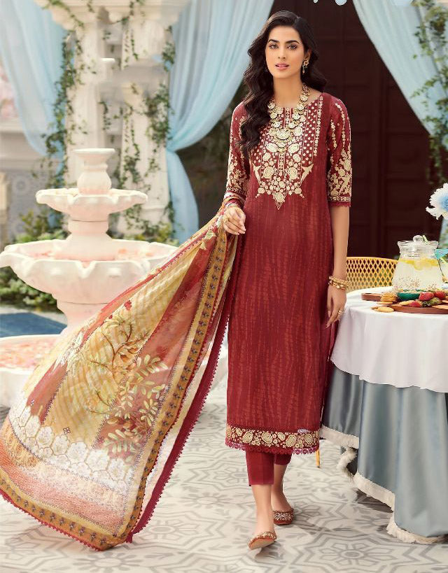Unstitched Red Cotton Pakistani Style Suits Dress Material - Stilento