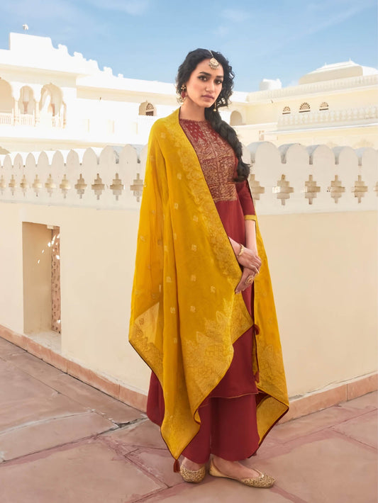 Unstitched Red Cotton Salwar Suits Set With Banarasi Dupatta