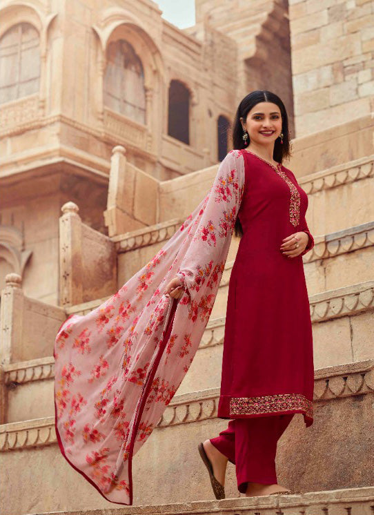 Unstitched Red Crepe Suits Set With Georgette Dupatta Dress material - Stilento