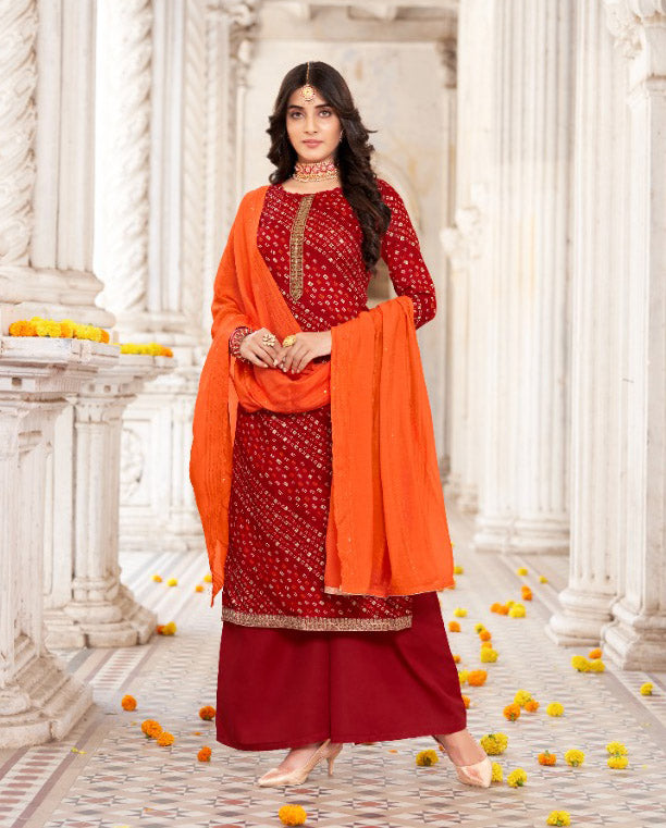 Unstitched Red Foil Print With Kasab Embroidery Palazzo Style Suit - Stilento