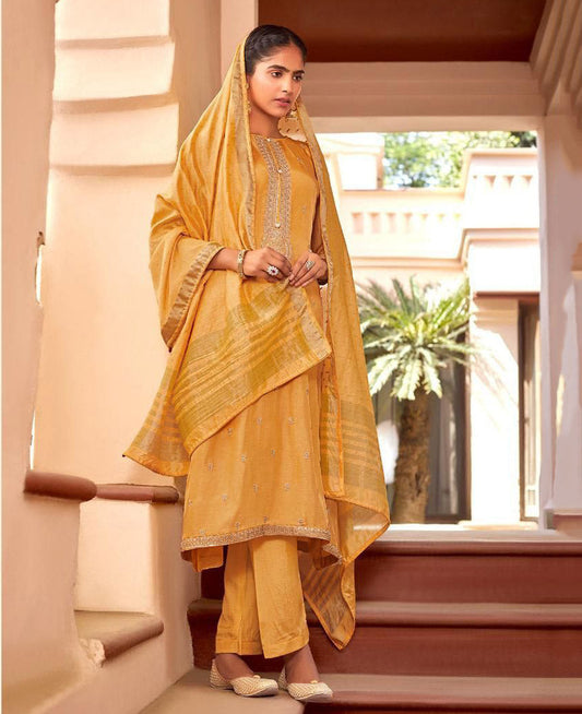 Unstitched Silk Suit Material With Jacquard Dupatta - Stilento