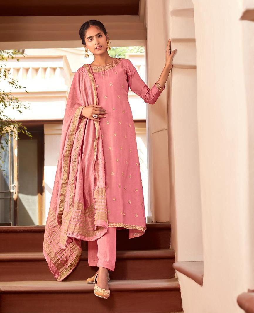 Unstitched Silk Suit Material With Pink Jacquard Dupatta - Stilento