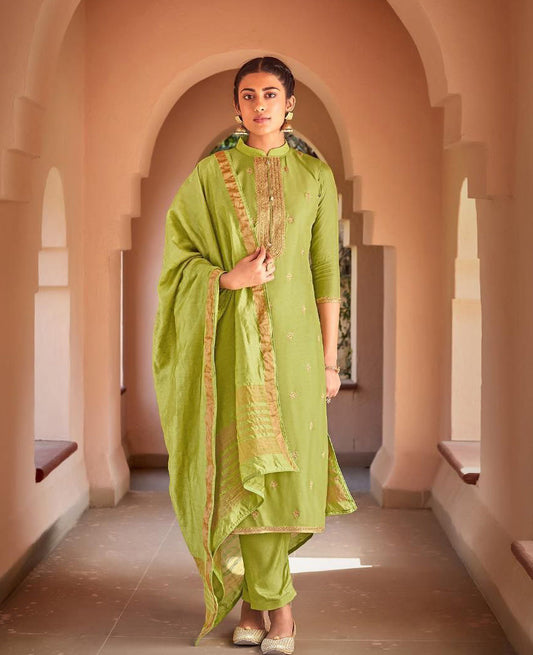 Unstitched Silk Suit With Green Jacquard Dupatta