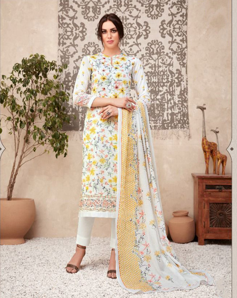 Unstitched White Printed Cotton Suits With Kota Work - Stilento