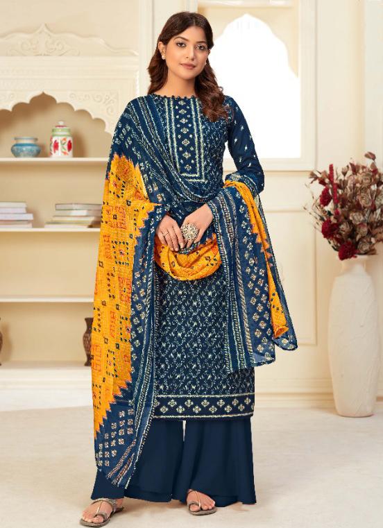 Unstitched Woman Blue Salwar Suits Material with Chiffon Dupatta - Stilento