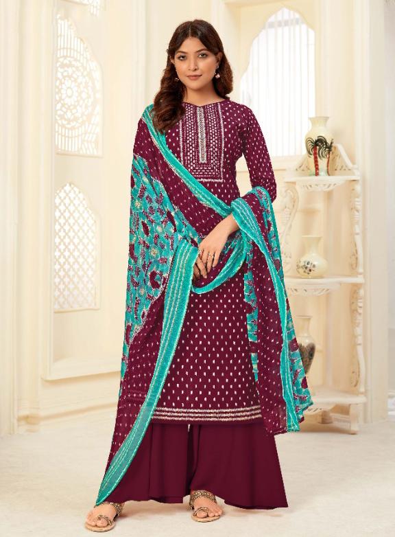 Unstitched Woman Maroon Salwar Suits Material with Chiffon Dupatta - Stilento