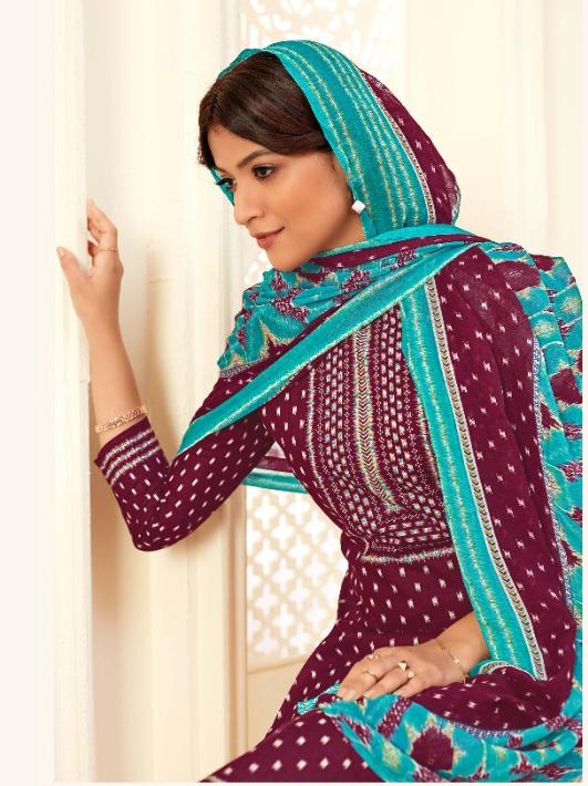 Unstitched Woman Maroon Salwar Suits Material with Chiffon Dupatta - Stilento