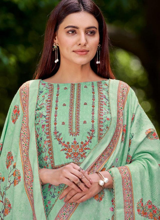 Unstitched Wool Pashmina Green Winter Suits Set For Ladies