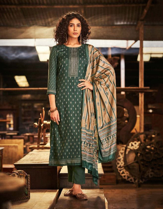 Unstitched Woolen Green Pashmina Winter Women Suits Set