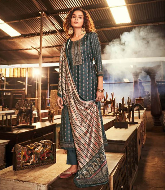 Unstitched Woolen Pashmina Green Winter Wear Women Suits Set