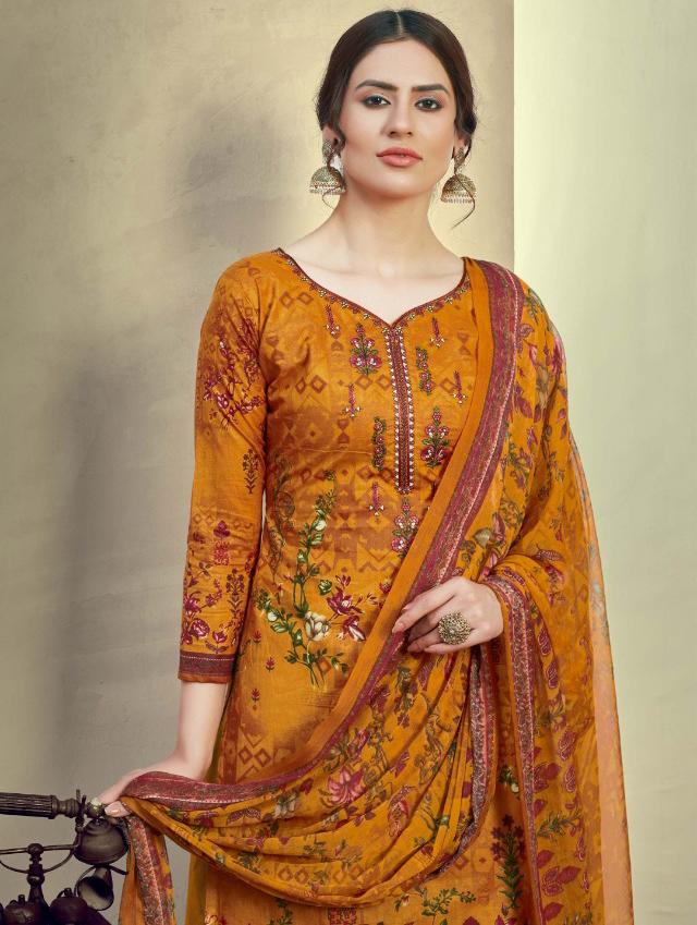 Unstitched Yellow Cotton Embroidery Suits Dress Material - Stilento
