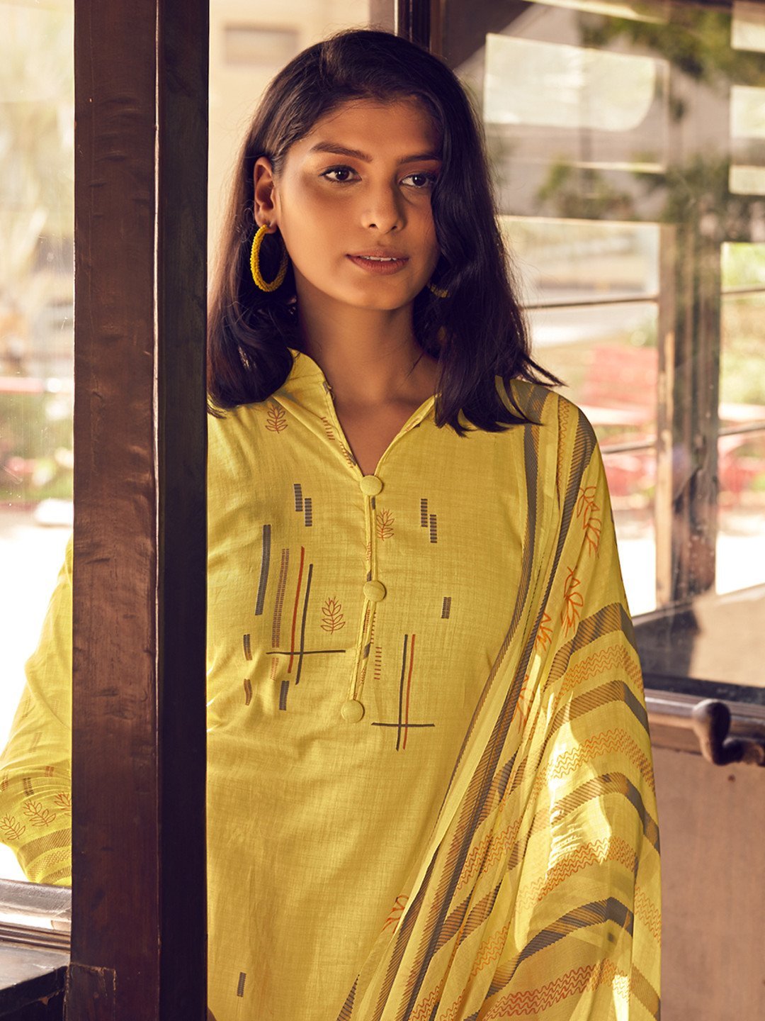 Unstitched Yellow Cotton Salwar Suit Dress Material - Stilento
