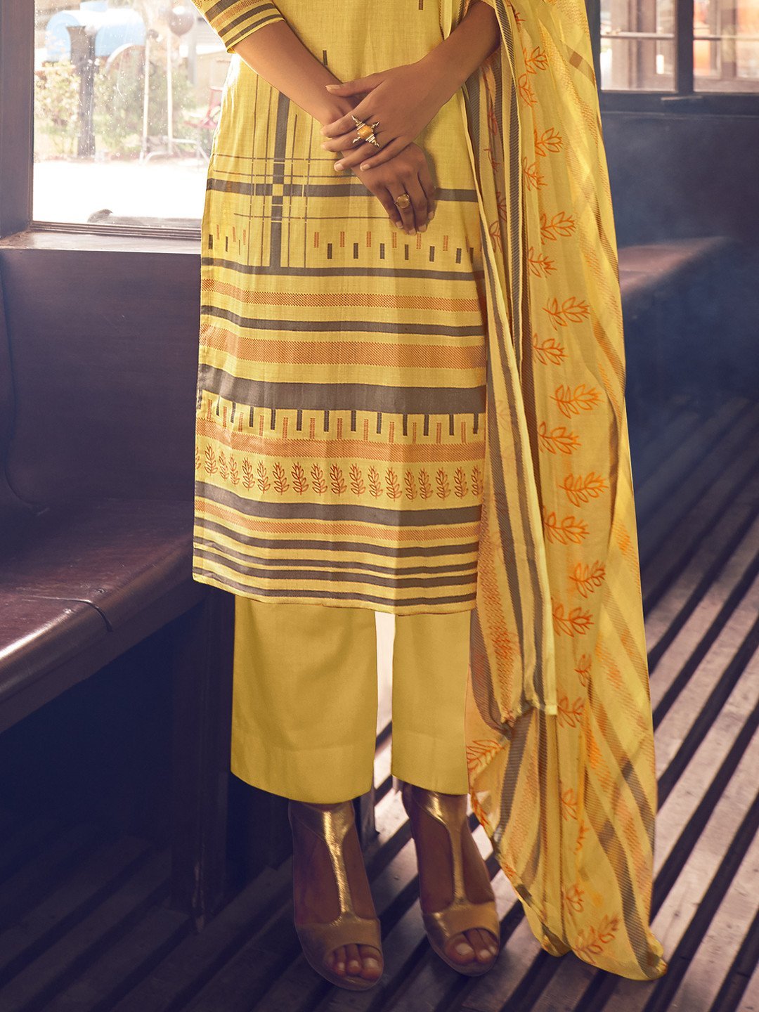 Unstitched Yellow Cotton Salwar Suit Dress Material - Stilento