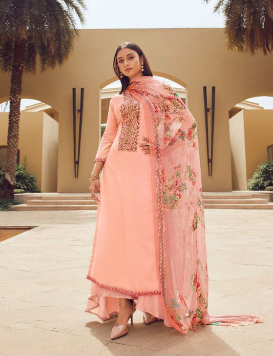 Unstitched Yellow Cotton Satin Salwar Suit Material with Chiffon Dupatta