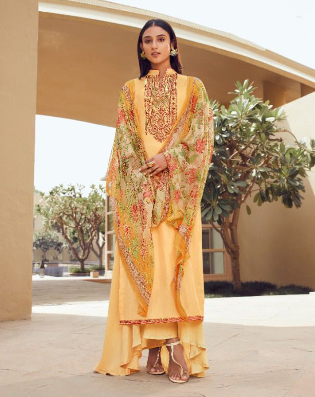 Unstitched Yellow Cotton Satin Salwar Suit Material with Chiffon Dupatta - Stilento