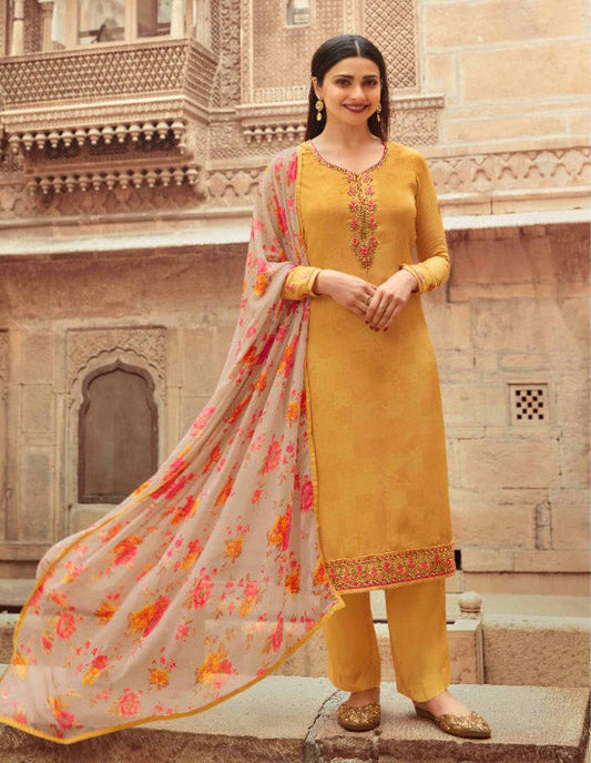 Unstitched Yellow Crepe Suits Set With Georgette Dupatta Dress material