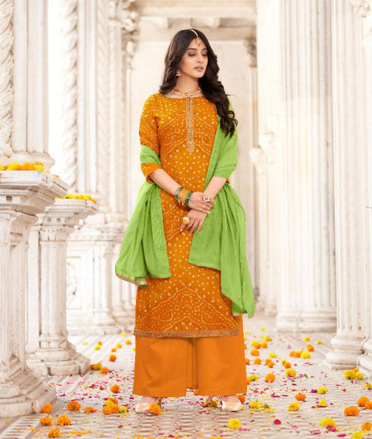 Unstitched Yellow Foil Print With Kasab Embroidery Palazzo Style Suit Material
