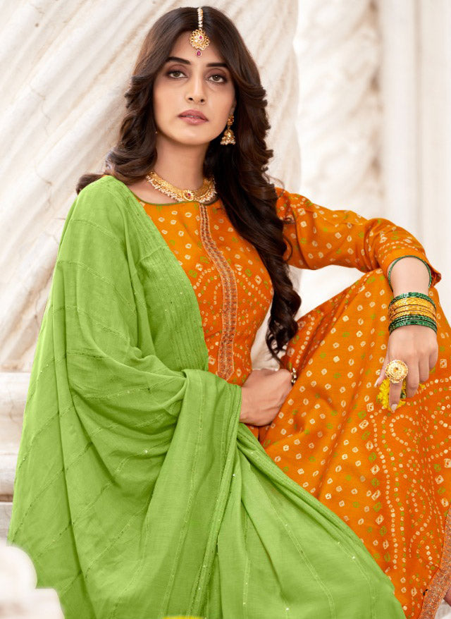Unstitched Yellow Foil Print With Kasab Embroidery Palazzo Style Suit Material - Stilento