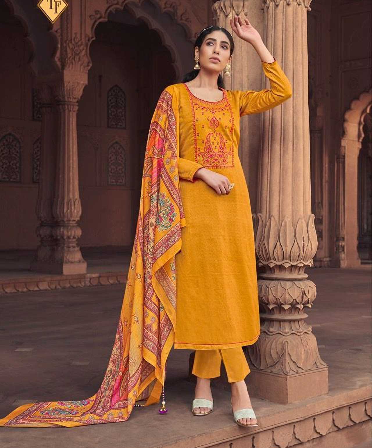 Unstitched Yellow Jam Satin Printed Dress Material With Embroidery - Stilento