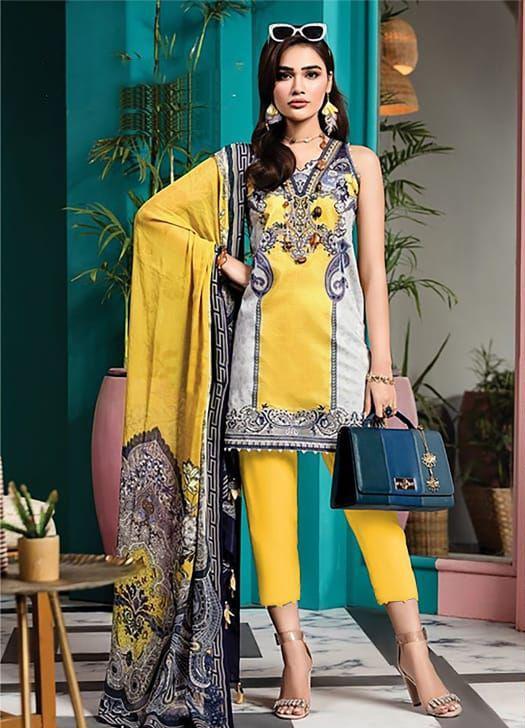 Unstitched Yellow Pakistani Lawn Cotton Suits for Women