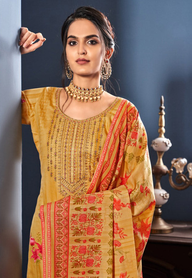 Unstitched Yellow Salwar Suit Dress Material With Cotton dupatta - Stilento