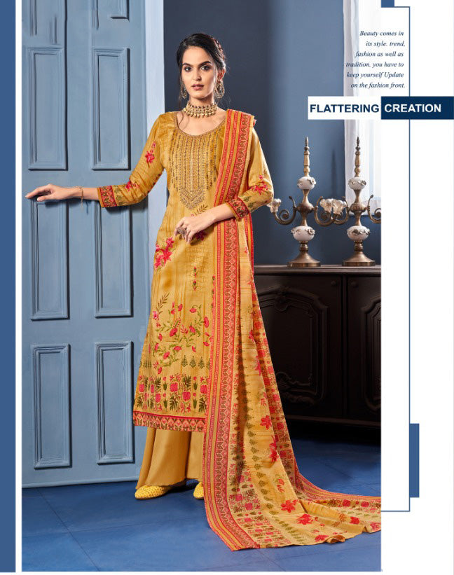 Unstitched Yellow Salwar Suit Dress Material With Cotton dupatta - Stilento