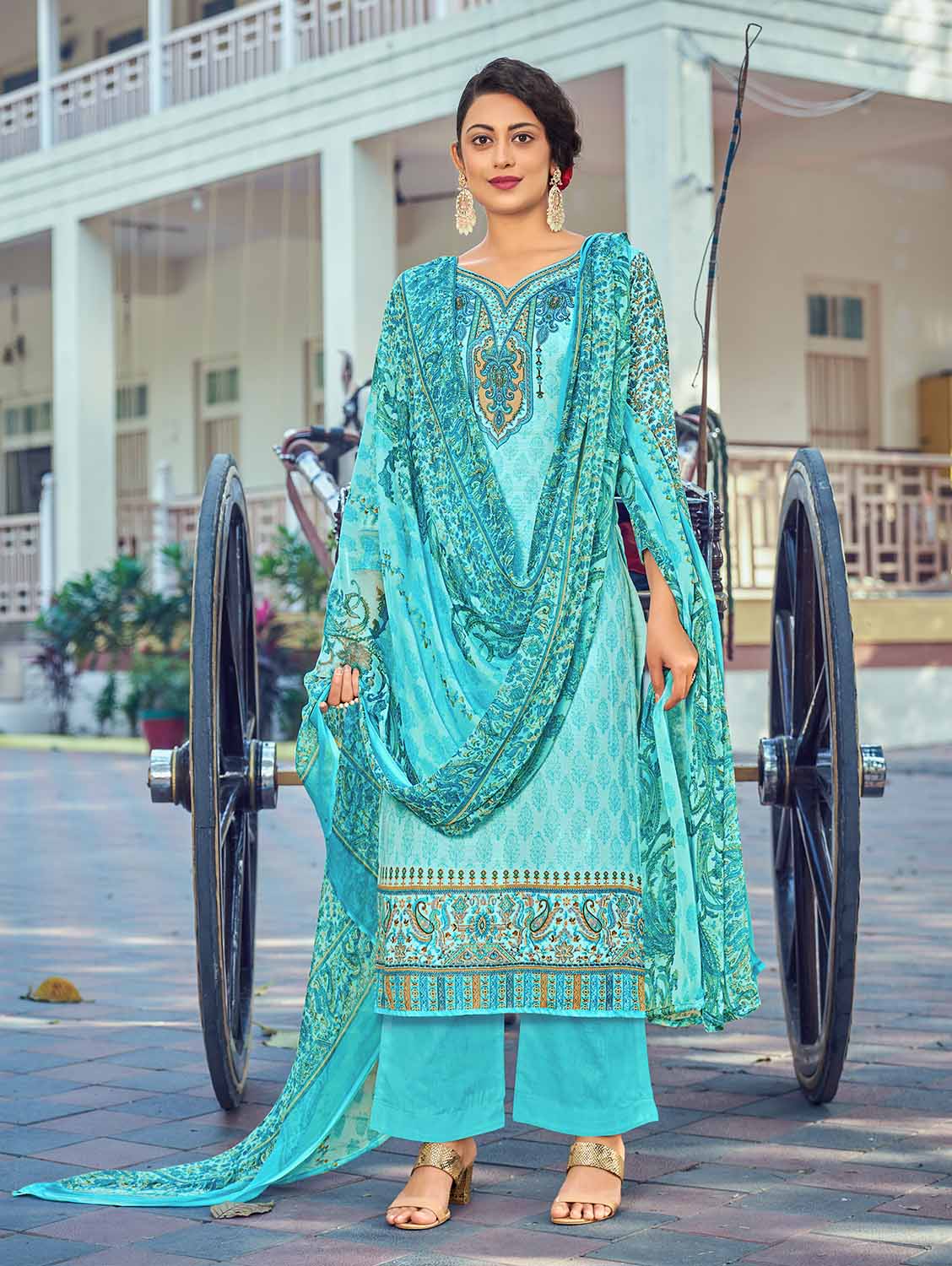 Daily Wear Unstitched Cotton Women Teal Blue Suit Material