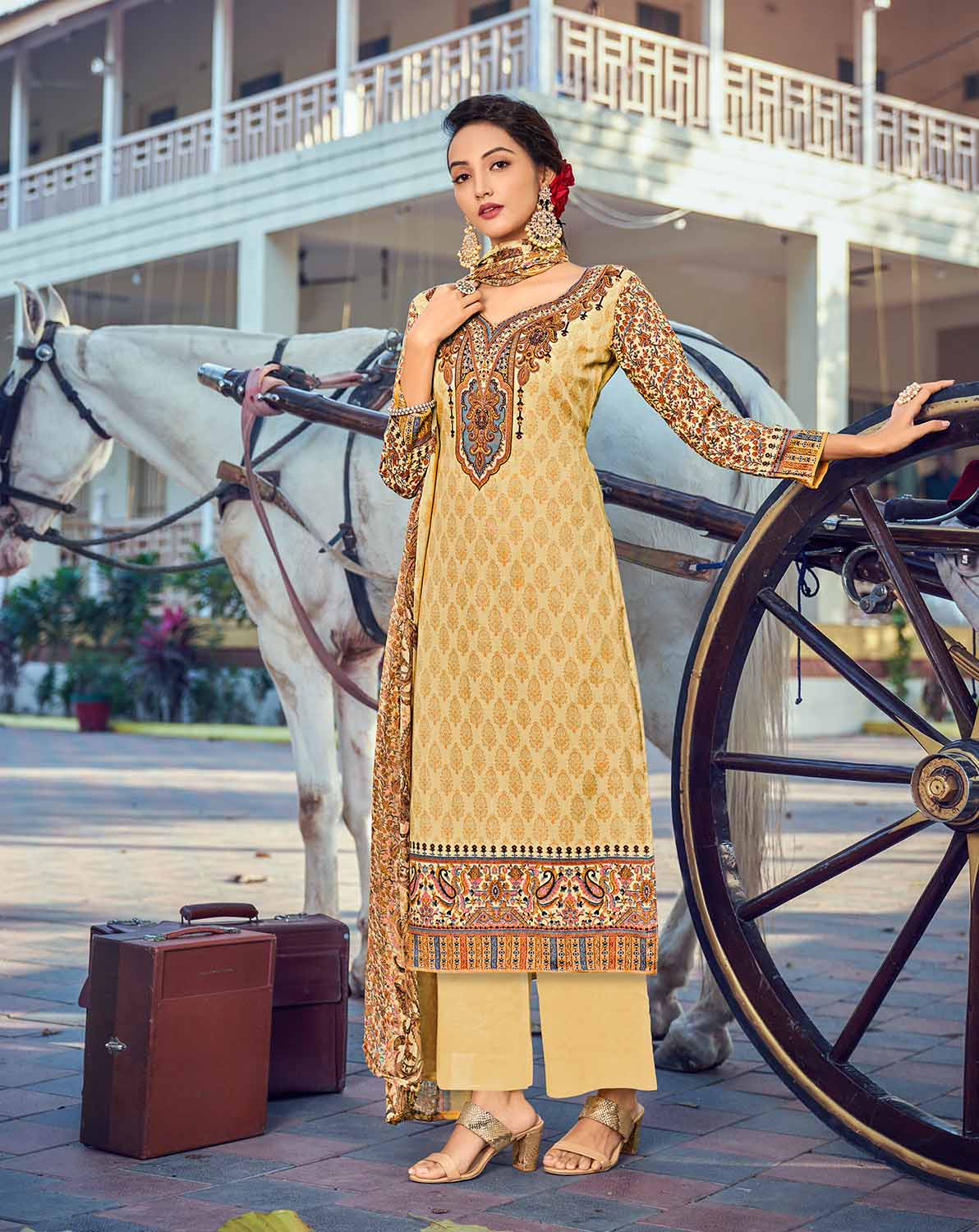 Daily Wear Unstitched Cotton Women Yellow Suit Material