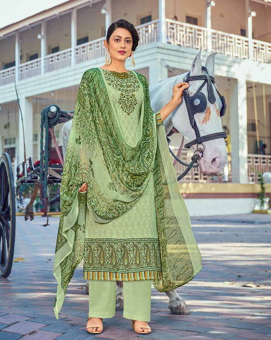 Daily Wear Unstitched Cotton Women Green Suit Material