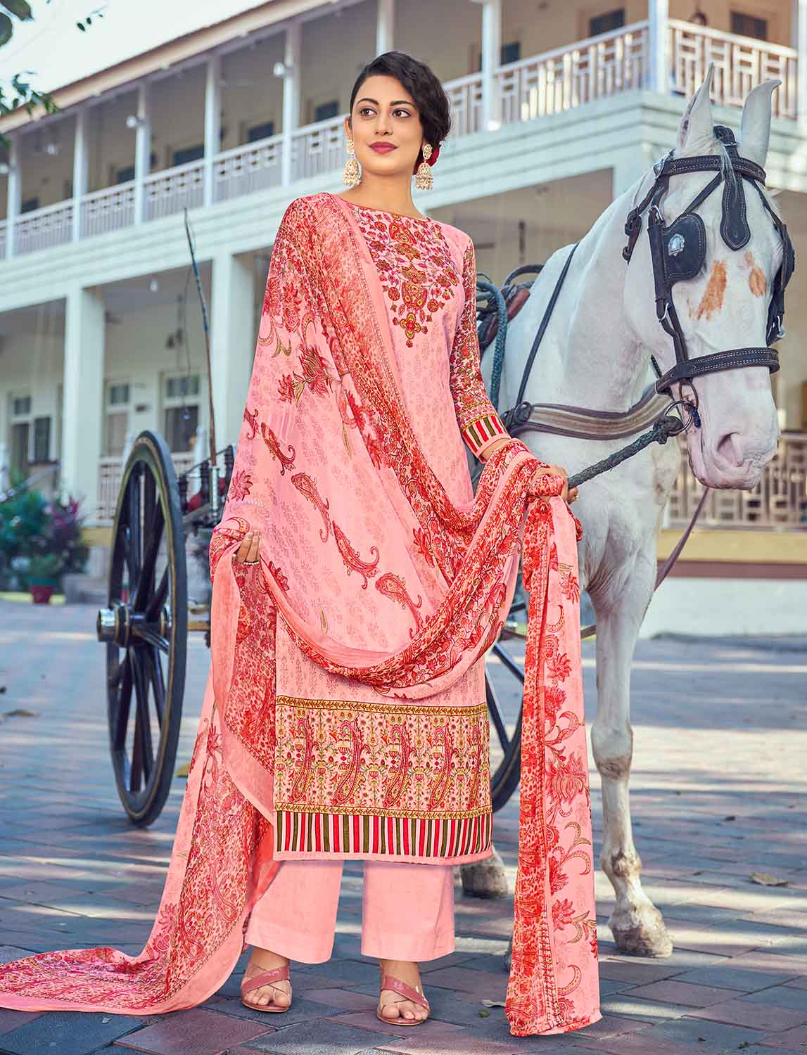 Daily Wear Unstitched Cotton Women Peach Suit Material