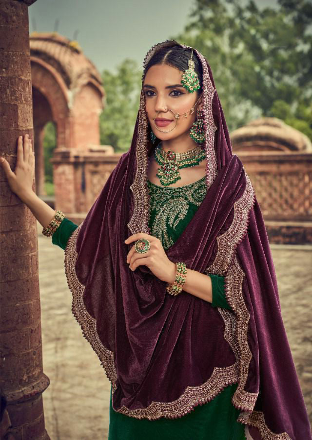 Unstitched Pakistani Style Green Velvet Winter Salwar Suits - Stilento
