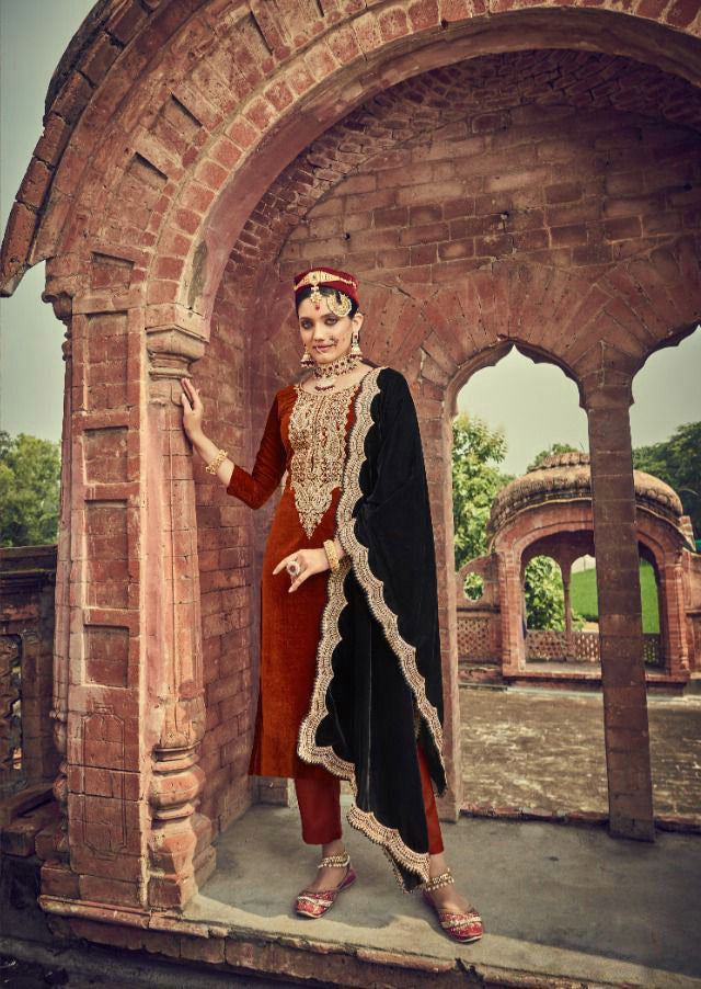 Unstitched Pakistani Style Red Velvet Winter Salwar Suits - Stilento