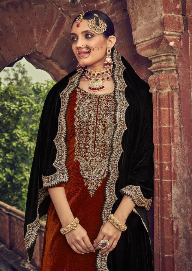 Unstitched Pakistani Style Red Velvet Winter Salwar Suits - Stilento