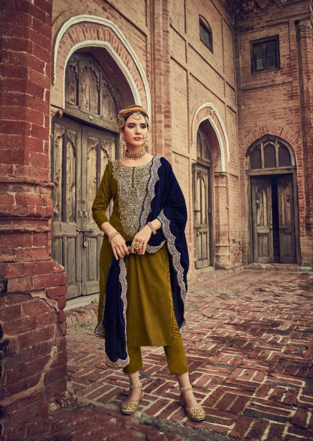 Unstitched Pakistani Style Olive Green Velvet Winter Suits - Stilento