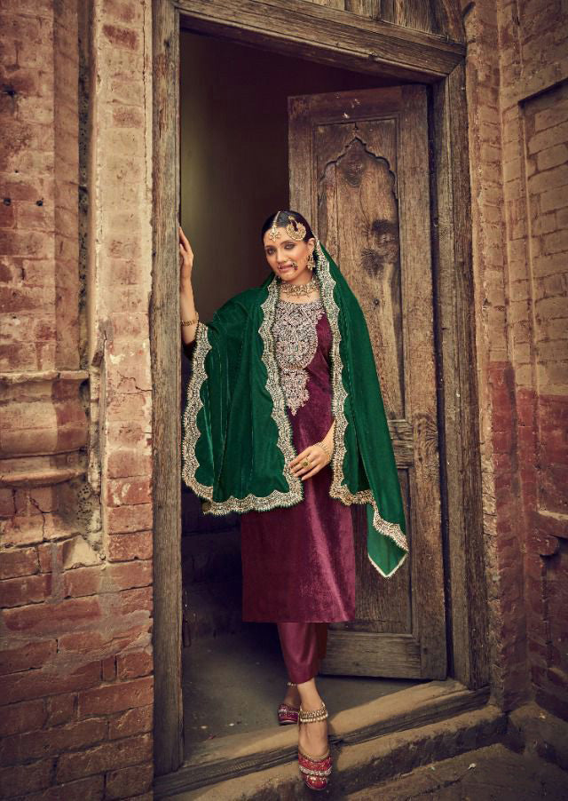 Unstitched Pakistani Style Purple Velvet Winter Suits - Stilento