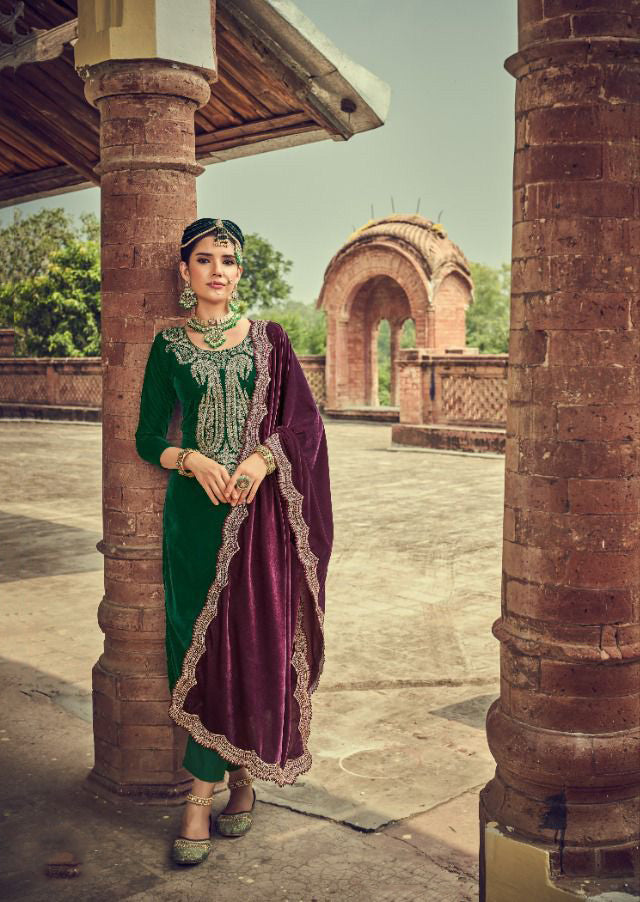 Unstitched Pakistani Style Green Velvet Winter Salwar Suits - Stilento