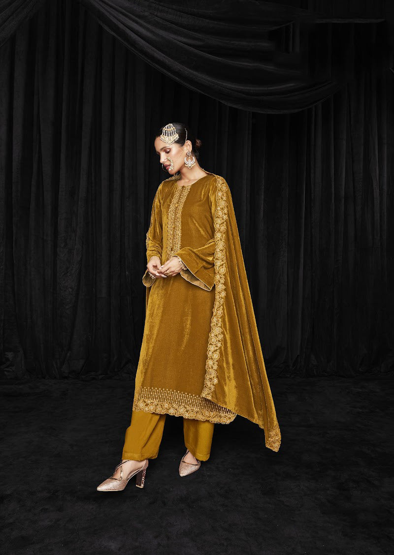 Pure Soft Velvet with Heavy Embroidery Mustard Unstitched Winter Suit - Stilento