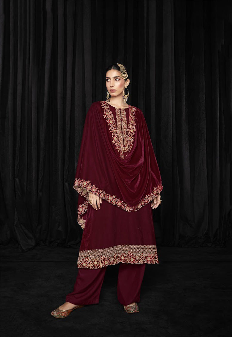 Pure Soft Velvet with Heavy Embroidery Maroon Unstitched Winter Suit - Stilento