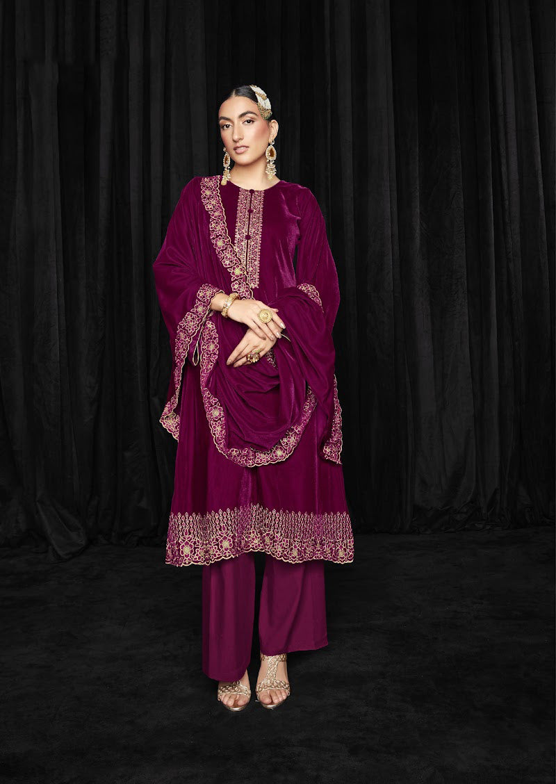 Pure Soft Velvet with Heavy Embroidery Pink Unstitched Winter Suit - Stilento