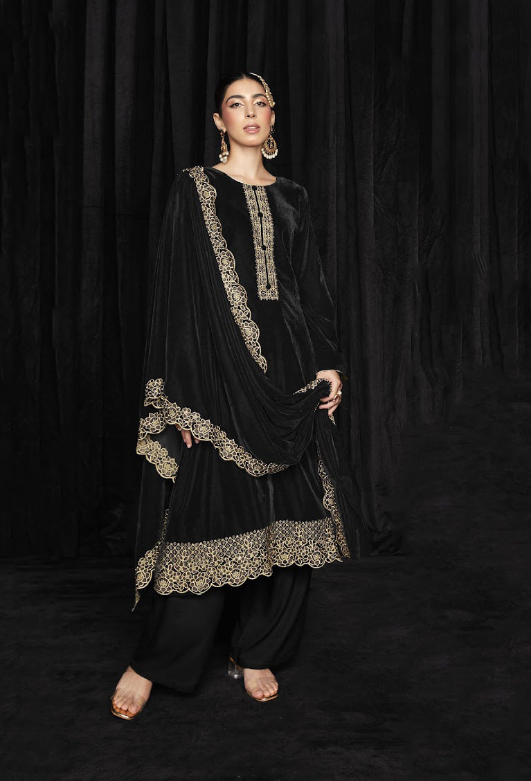 Pure Soft Velvet with Heavy Embroidery Black Unstitched Winter Suit - Stilento